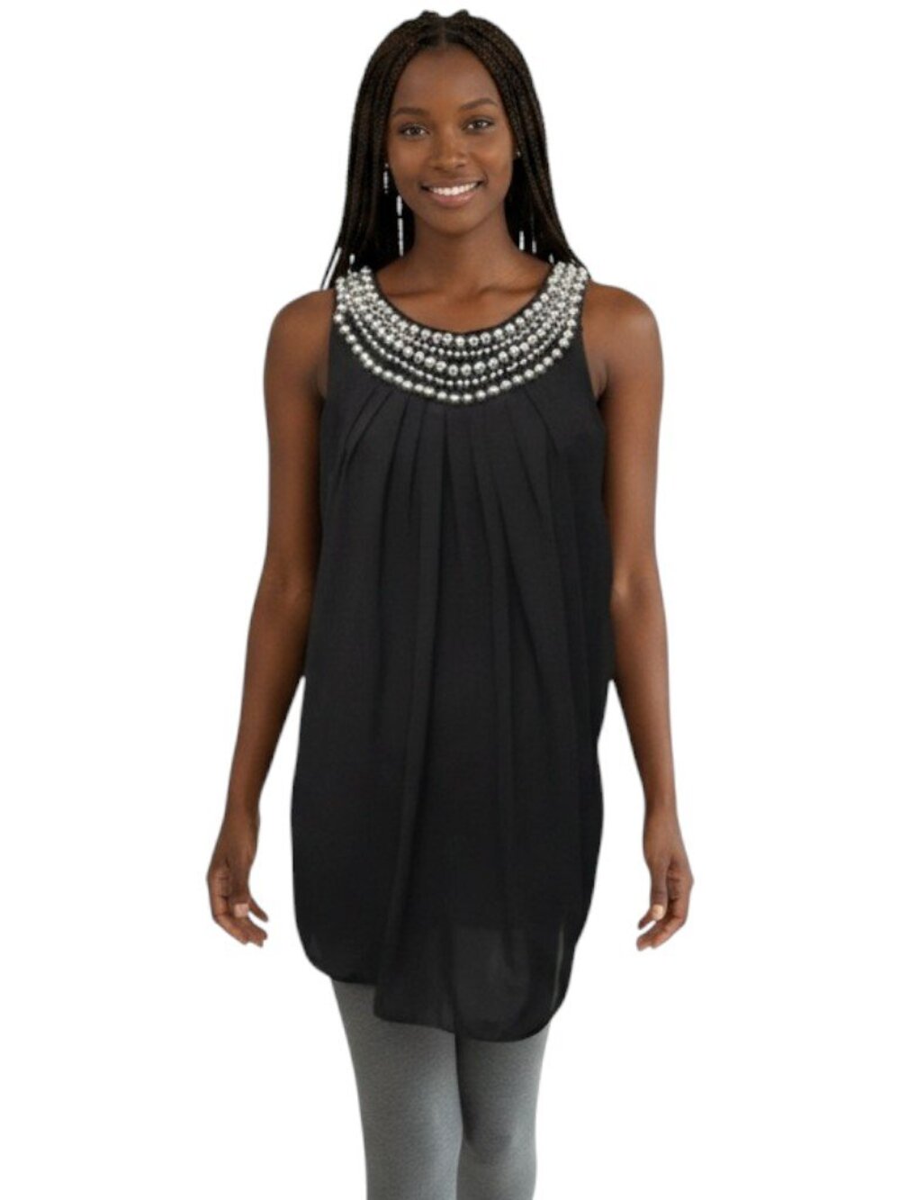 NWT Meiyunmami Maternity Chiffon Sleeveless Beaded Jewel Neckline Top Black Med
